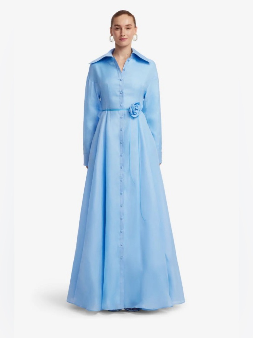 LEO LIN Pink Josephine 100% Silk Blue Long Sleeve Maxi Shirt Dress NWOT